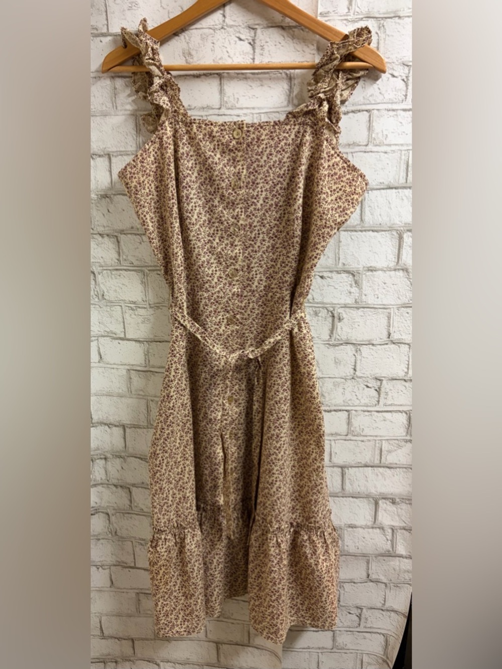 Vintage Handmade Button-Front Cream Midi Dress with Burgundy Floral Print